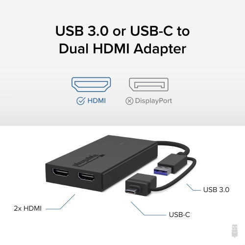 Plugable USB 3.0 or USB C to HDMI Adapter for Dual Monitors, Universal Video Graphics Adapter for Mac and Windows, Thunderbolt 3 / 4, USB 3.0 or