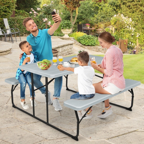 Portable Folding Picnic Table Bench Set with Wood-Style Texture for Backyard or Patio
