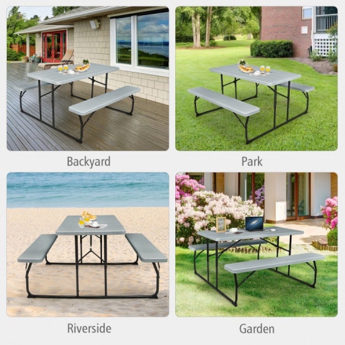Portable Folding Picnic Table Bench Set with Wood-Style Texture for Backyard or Patio