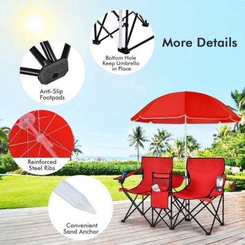 Portable Folding Picnic Double Chair With Removable Umbrella