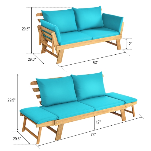Adjustable Patio Convertible Sofa with Thick Cushion -Turquoise