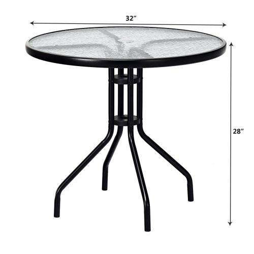 Table de patio ronde de 32 po à surface en verre trempé avec trou pour parasol