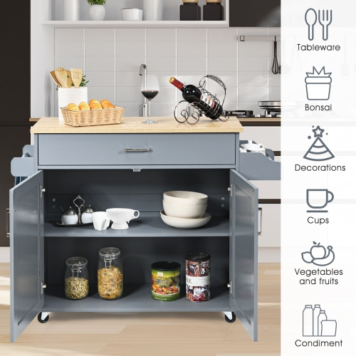 Rolling Kitchen Island Cart with Towel and Spice Rack-Gray