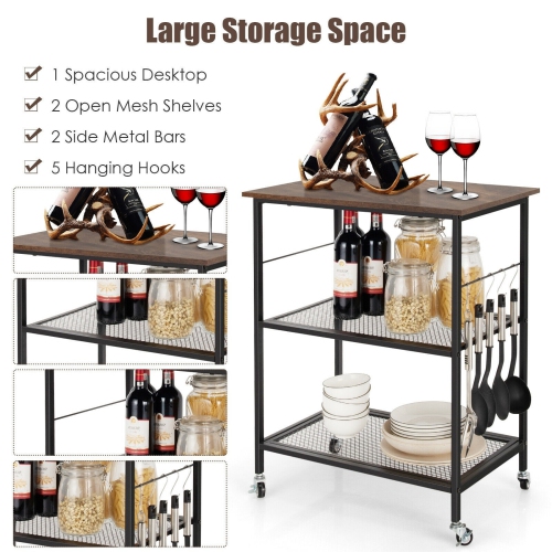 3-Tier Kitchen Serving Cart Utility Standing Microwave Rack with Hooks Brown
