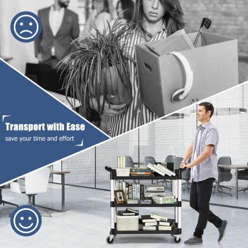 Chariot de service utilitaire à 3 tablettes cadre en aluminium capacité de 490 lb avec roulettes