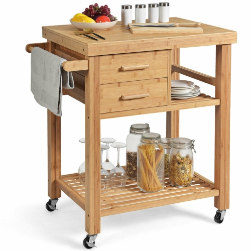 SLICKBLUE  Bamboo Kitchen Trolley Cart With Tower Rack And Drawers