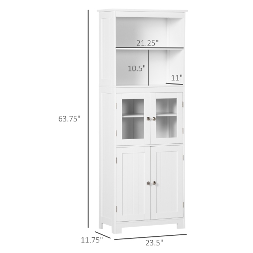 HOMCOM 64" Tall Kitchen Pantry Cabinet, Freestanding Storage Cabinet with Glass Doors and Adjustable Shelves, Kitchen Buffet Hutch, White
