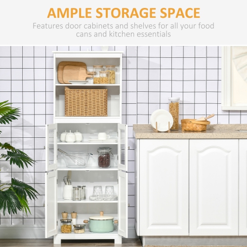 HOMCOM 64" Tall Kitchen Pantry Cabinet, Freestanding Storage Cabinet with Glass Doors and Adjustable Shelves, Kitchen Buffet Hutch, White