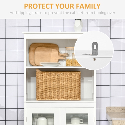 HOMCOM 64" Tall Kitchen Pantry Cabinet, Freestanding Storage Cabinet with Glass Doors and Adjustable Shelves, Kitchen Buffet Hutch, White