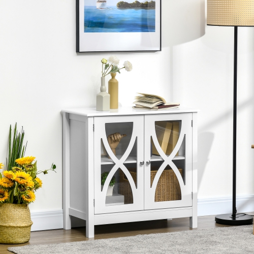 HOMCOM Kitchen Sideboard, Glass Door Buffet Cabinet, Bathroom Storage Cabinet with Adjustable Storage Shelf for Dining Room, Living Room, White