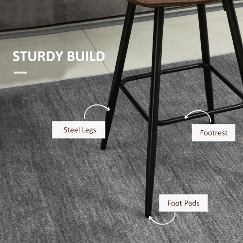 HOMCOM Bar Stools Set of 2, PU Leather Counter Height Bar Chairs, 27.75" Kitchen Stools with Metal Legs for Dining Area, Kitchen Island, Brown