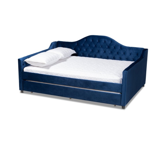 BOWERY HILL  Velvet Upholstered Full Daybed With Trundle In In Blue