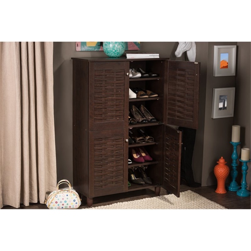 Baxton Studio Winda 4 Door Shoe Cabinet in Dark Brown