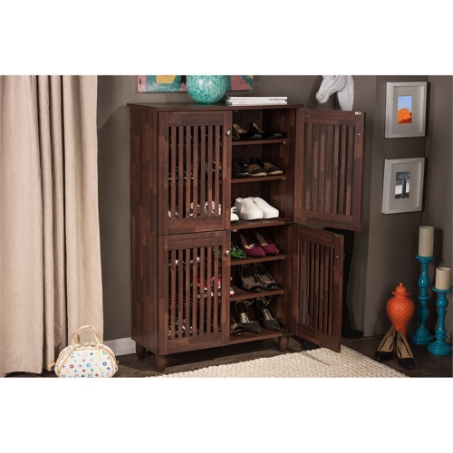 Baxton Studio Fernanda 4 Door Tall Shoe Cabinet in Oak Brown