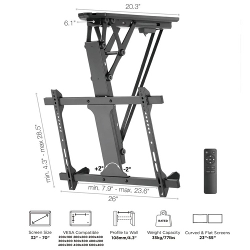 AMX - Support de Téléviseur pour Plafond Motorisé, Pour Écran de 32" à 70", avec Télécommande, Noir