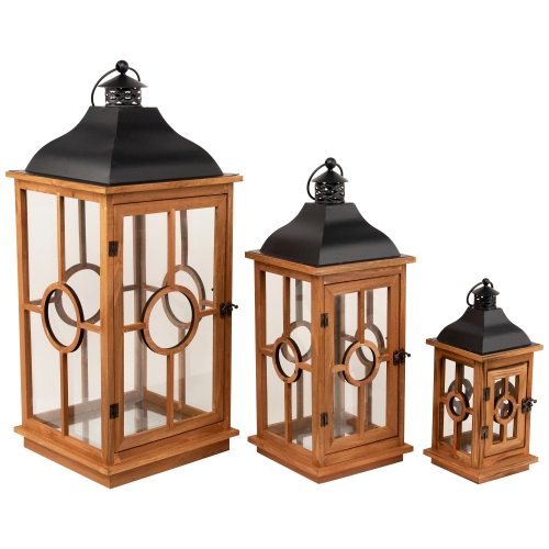 Natural Wood Candle Lanterns with Black Metal Tops - 26.5" - Set of 3