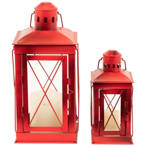 Mission Style Metal Candle Lanterns 12.25" - Red - Set of 2