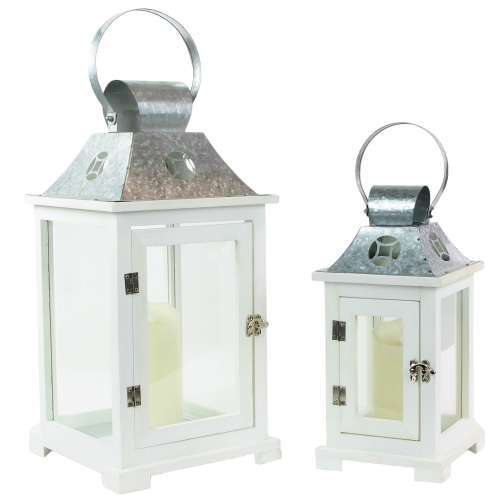Wooden Candle Lanterns with Galvanized Metal Tops - 19.5" - White - Set of 2