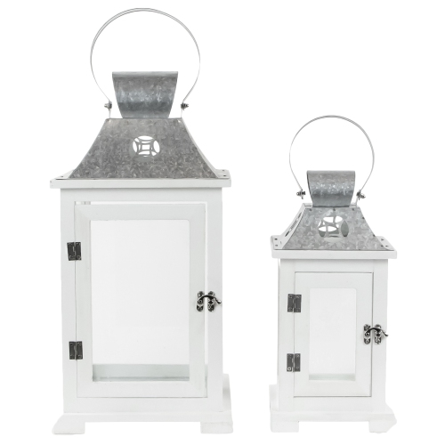 Wooden Candle Lanterns with Galvanized Metal Tops - 19.5" - White - Set of 2