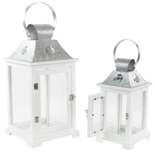 Wooden Candle Lanterns with Galvanized Metal Tops - 19.5" - White - Set of 2