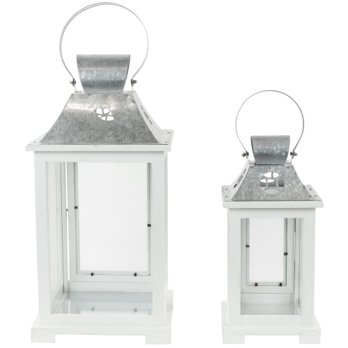 Wooden Candle Lanterns with Galvanized Metal Tops - 19.5" - White - Set of 2