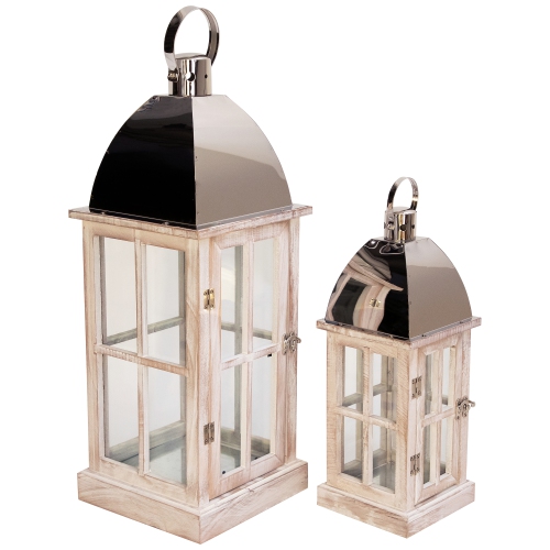 Antique Style Wooden Candle Lanterns - 21.5" - White and Silver- Set of 2