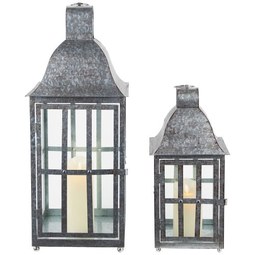 Distressed Galvanized Metal Candle Lanterns - 23.75" - Set of 2