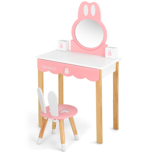 SLICKBLUE  Kids Vanity Set Rabbit Makeup Dressing Table Chair Set With Mirror And Drawer-White