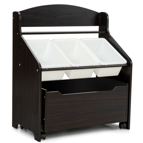 Meuble de rangement de jouets en bois pour enfants avec coffre à jouets roulant et bacs en plastique - Expresso