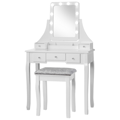 Vanity Table Set with Rectangular Mirror-White