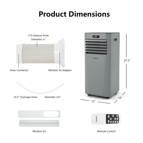 Portable 8000 BTU Air Conditioner with Fan, Dehumidifier, and Remote