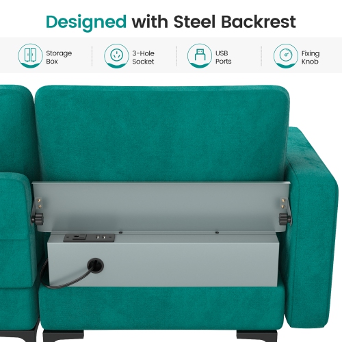 Costway Modular 3-Seat Sofa Couch USB Sofa w/ Socket USB Ports & Side Storage Pocket Teal
