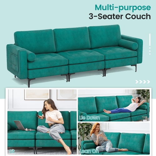 Costway Modular 3-Seat Sofa Couch USB Sofa w/ Socket USB Ports & Side Storage Pocket Teal