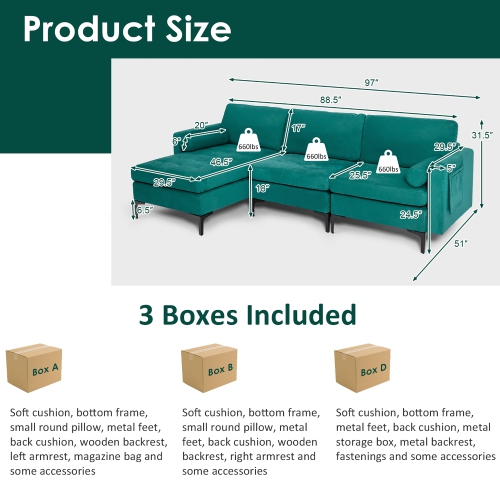 Costway Modular L-shaped Sectional Sofa USB Sofa w/ Reversible Chaise & 2 USB Ports Teal