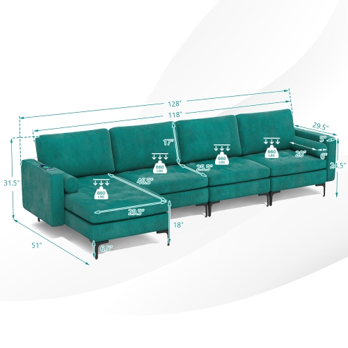 Costway Modular L-shaped Sectional Sofa USB Sofa w/ Reversible Chaise & 4 USB Ports Teal