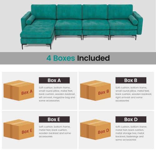 Costway Modular L-shaped Sectional Sofa USB Sofa w/ Reversible Chaise & 4 USB Ports Teal