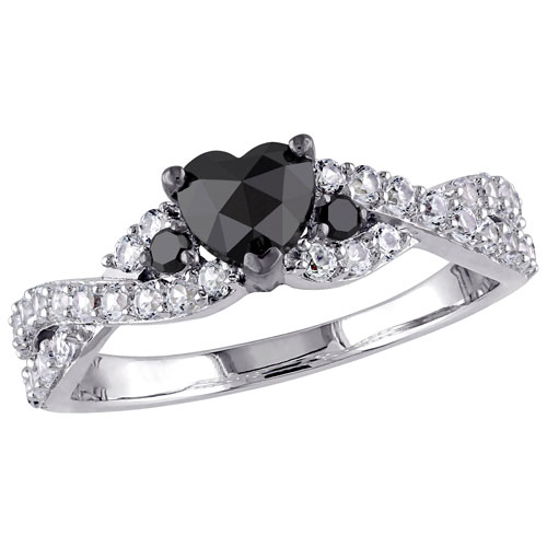 Bague en argent sterling à motif croisé en forme de coeur avec diamants noirs d'Amour - Taille 5