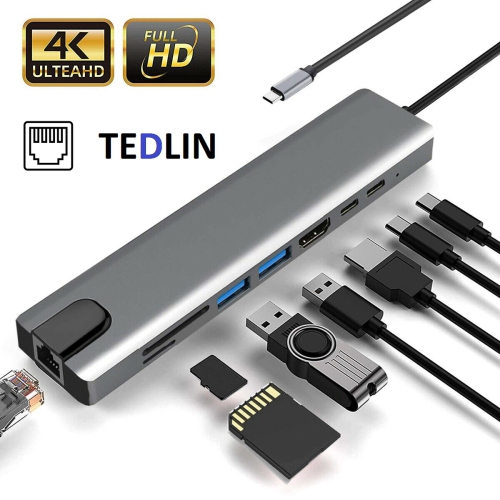 Image 1 de 10.. TEDLIN Hub USB C 8 en 1 en aluminium avec HDMI 4K 60 Hz, Ethernet RJ45, charge PD 100 W, lecteur de carte SD TF