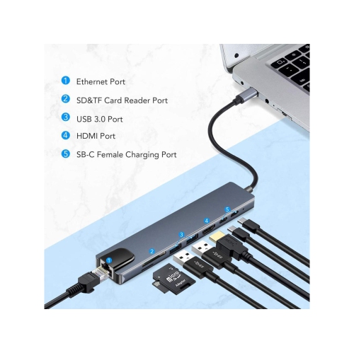 TEDLIN Hub USB C 8 en 1 en aluminium avec HDMI 4K 60 Hz, Ethernet RJ45, charge PD 100 W, lecteur de carte SD TF