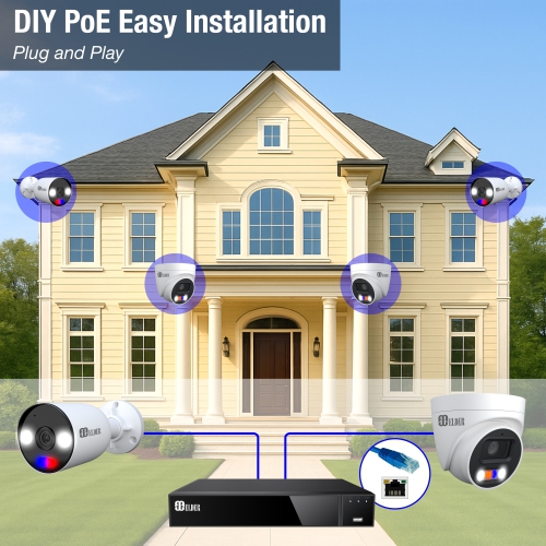 Elder AI 4K Security Camera System 8Ch NVR 2TB PoE 6-Camera Outdoor, Person & Vehicle Detection & NDAA, Red & Blue Deterrence, Spotlight Home