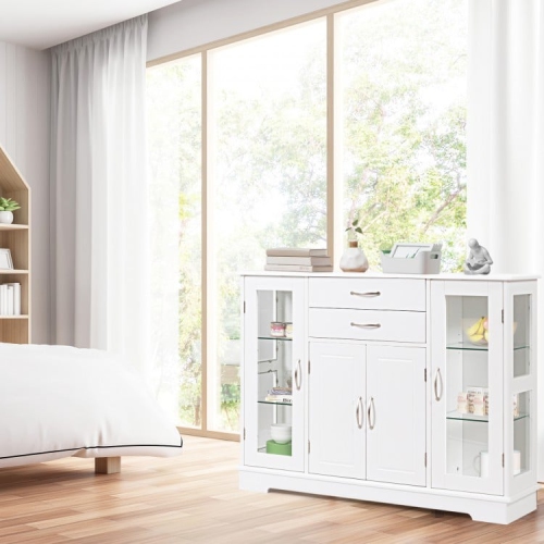 Storage Sideboard with 2 Drawers and Glass Front Cabinets – Buffet Console Table