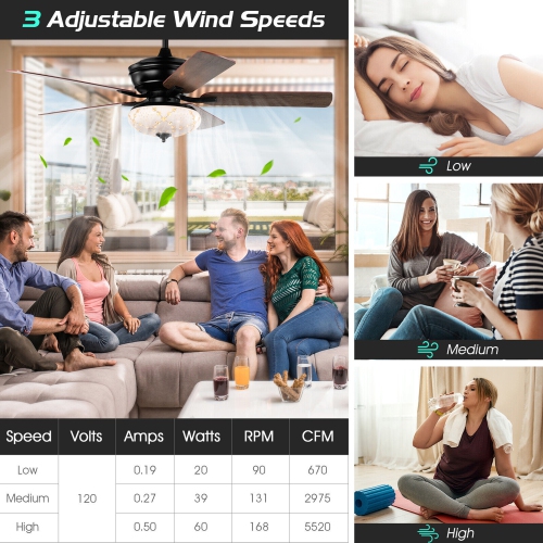 Gymax 52'' Ceiling Fan with 3 Wind Speeds 5 Reversible Blades & Remote Control