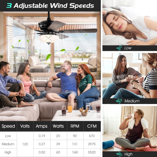 Gymax 52'' Ceiling Fan with 3 Wind Speeds 5 Reversible Blades & Remote Control