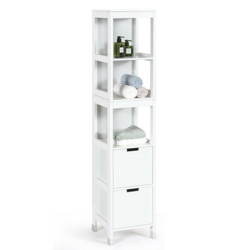 GYMAX  Bathroom Floor Cabinet Multifunctional Storage Organizer 5Tier Shelves&2 Drawers