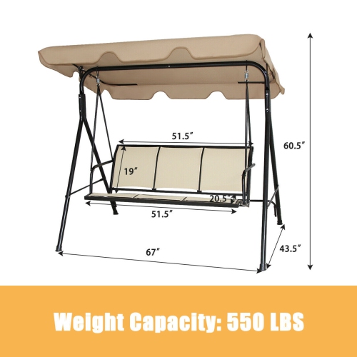 Gymax Brown Outdoor Swing Canopy Patio Swing Chair 3 Person Canopy Hammock