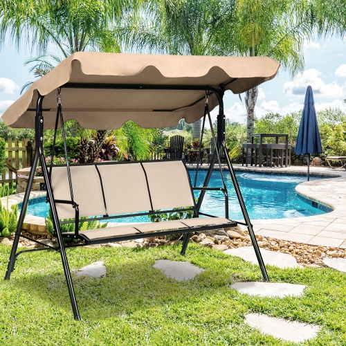 Gymax Brown Outdoor Swing Canopy Patio Swing Chair 3 Person Canopy Hammock