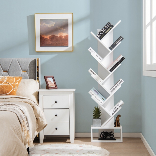 10-Tier Tree Bookshelf with Drawer, Freestanding Bookcase for Books and Decor