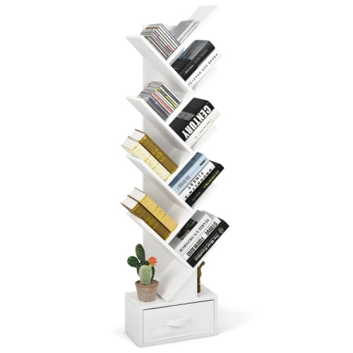 10-Tier Tree Bookshelf with Drawer, Freestanding Bookcase for Books and Decor