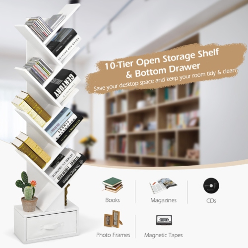 10-Tier Tree Bookshelf with Drawer, Freestanding Bookcase for Books and Decor