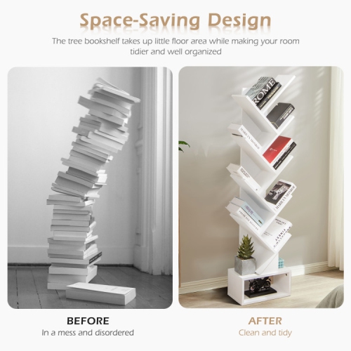 10-Tier Tree Bookshelf with Drawer, Freestanding Bookcase for Books and Decor